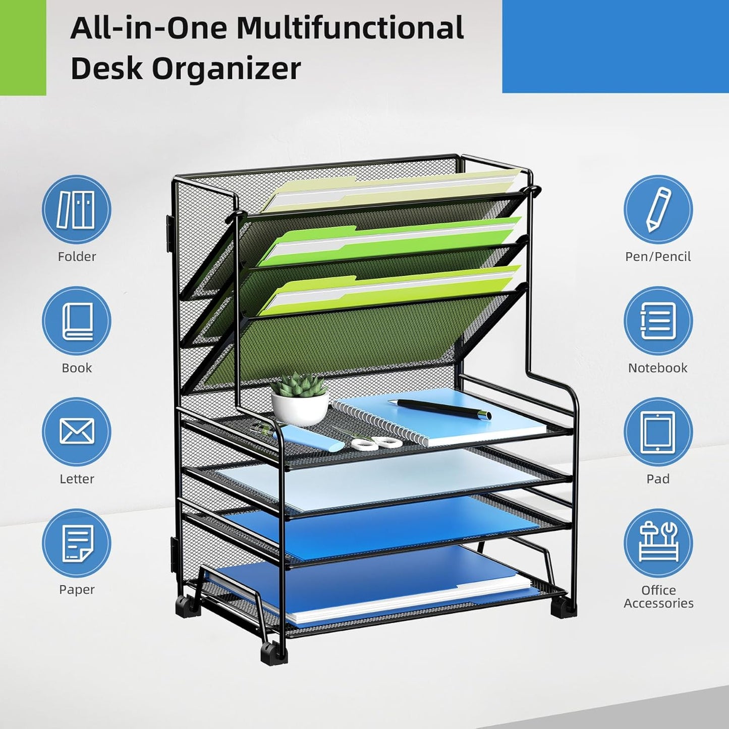MINDEPOT 4-Tier Paper Organizer + 3-Pocket File Holder + Drawer + Pen Holders, Desktop File Organizers Paper Tray for Office Accessories School Classroom Organization (Black)