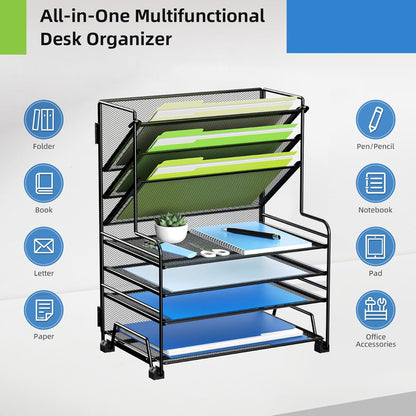 MINDEPOT 4-Tier Paper Organizer + 3-Pocket File Holder + Drawer + Pen Holders, Desktop File Organizers Paper Tray for Office Accessories School Classroom Organization (Black)