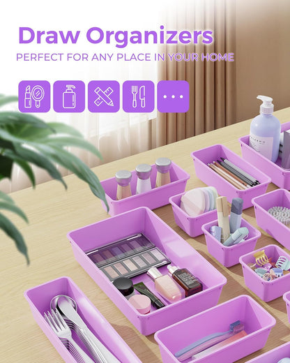 BiuLeon 25 PCS Plastic Drawer Organizers Set, 4-Sizes Vanity and Makeup Organizer, Desk and bathroom Drawer Organizer Trays, Organizers and Storage for Makeup, Jewelry, Gadgets, Utensils (Pink)