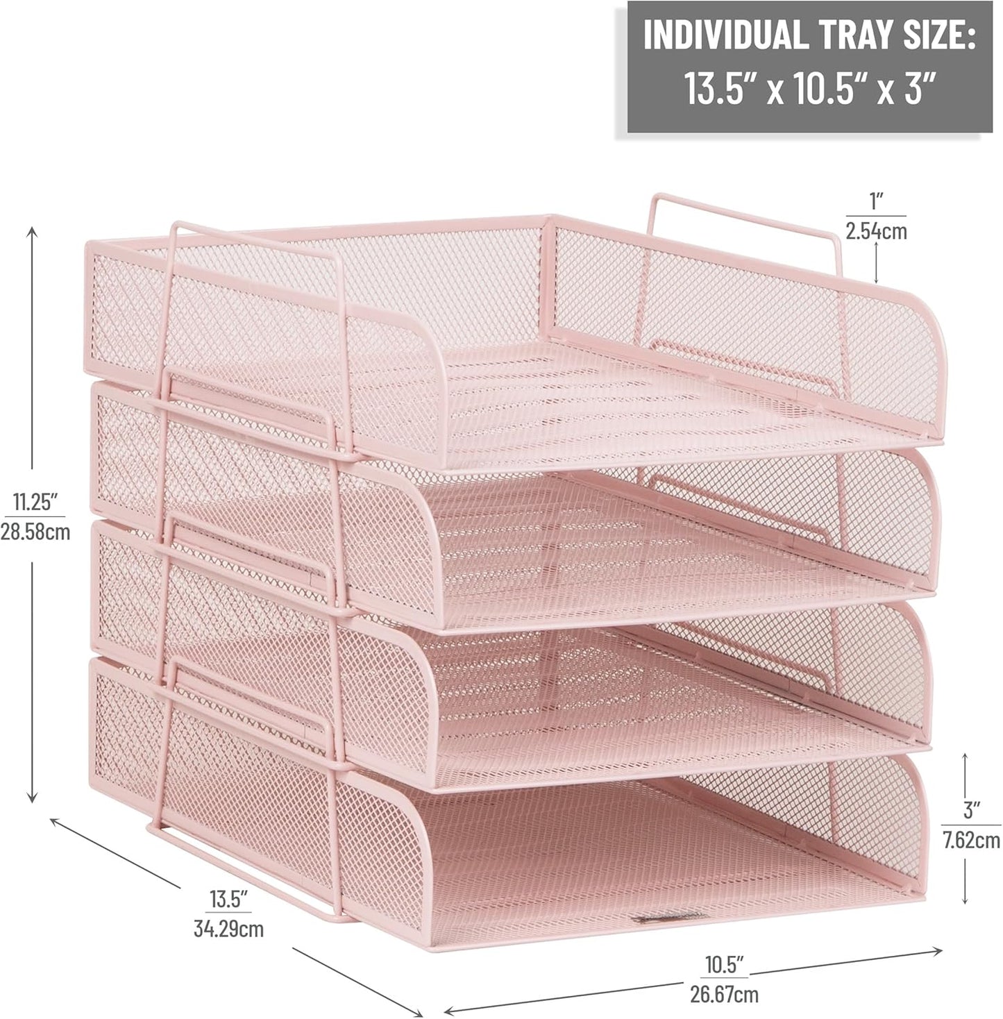 Mind Reader Stackable Paper Tray, Desktop Organizer, File Storage, Office, Metal Mesh, 10.5" L x 13.5" W x 11.25" H, 4 Pcs., Pink