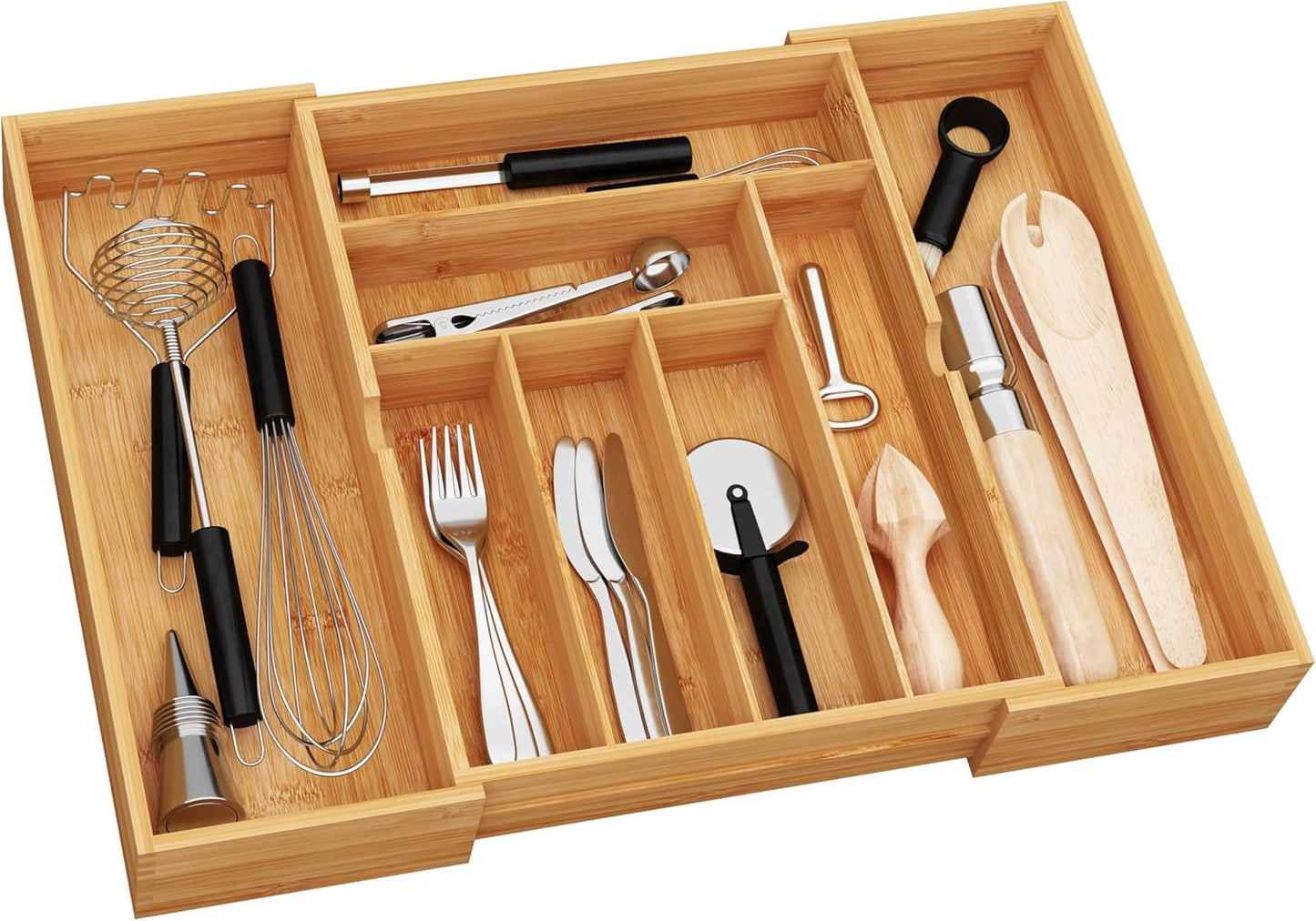 BAMEOS drawer organizer flatware organizer cutlery tray silverware organizer expandable adjustable bamboo drawer organizer kitchen bathroom