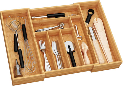 BAMEOS drawer organizer flatware organizer cutlery tray silverware organizer expandable adjustable bamboo drawer organizer kitchen bathroom