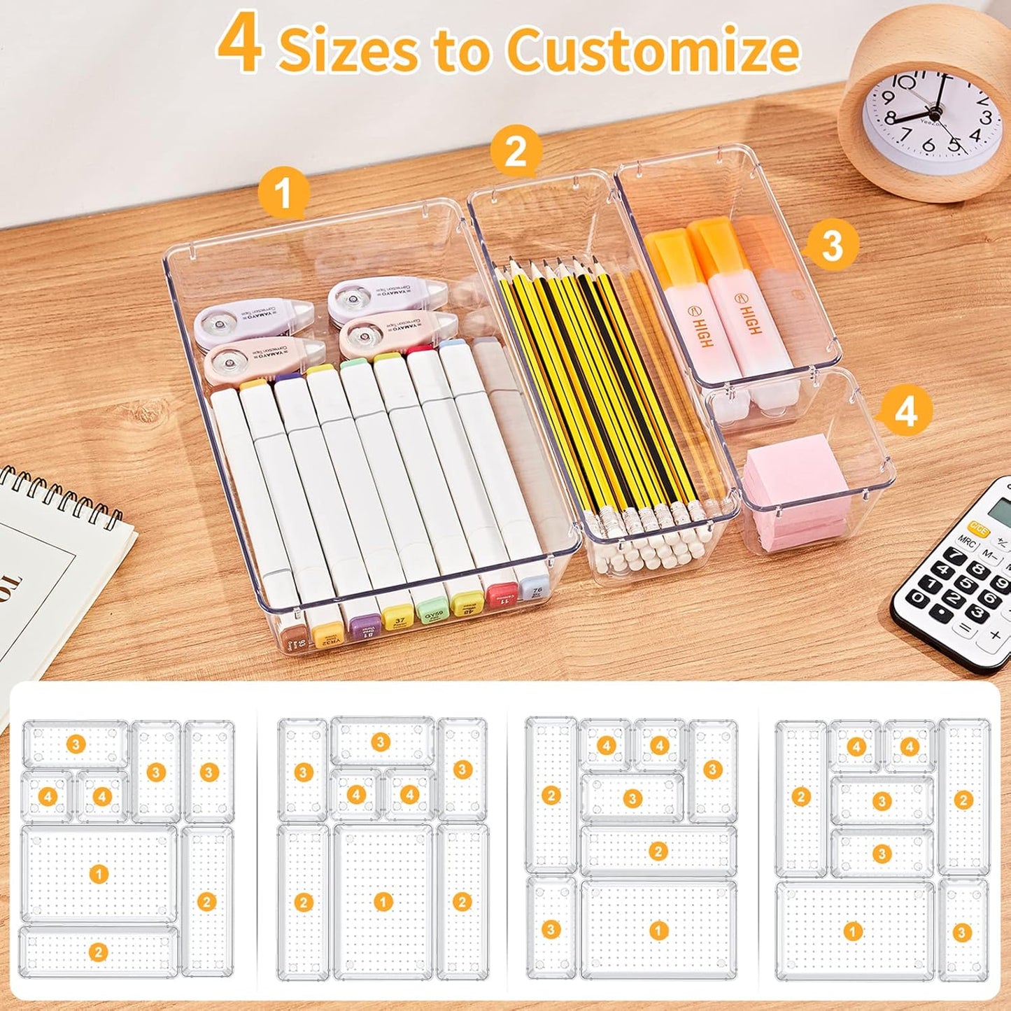 SMARTAKE 13-Piece Drawer Organizers with Non-Slip Silicone Pads, 5-Size Desk Bathroom Drawer Organizer Trays Storage Tray for Makeup, Jewelries, Utensils in Bedroom Dresser, Office and Kitchen, Clear