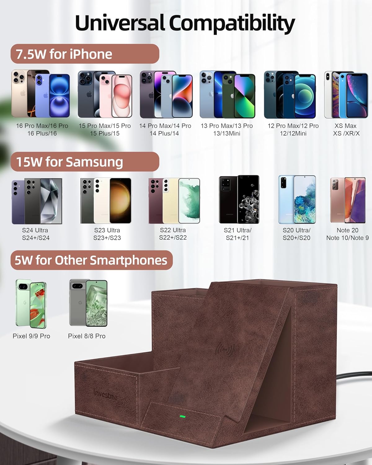Wireless Charger with Desk Organizer, Pen Pencil Holder, Multifunctional Desktop Organizer, Office Supplies and Desk Accessories Organizer with 3 Compartments and 1 Phone Stand