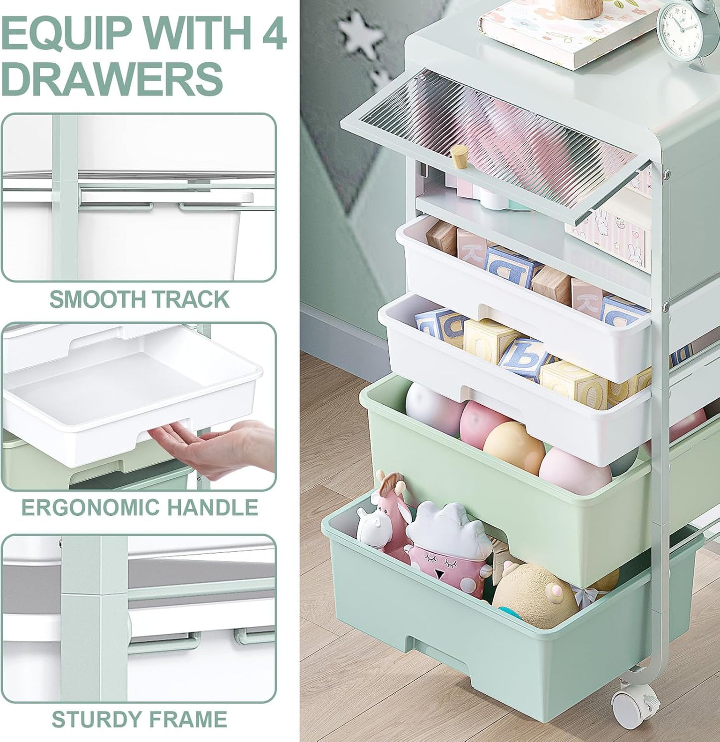 SYKIARIOL Utility-Rolling-Storage-Drawer-Craft-Cart-Organizers with 4 Drawers & Dust-proof Door for Kid Craft Art Room,Bedroom,Home Office, 4 Tiers Drawer cart, Green