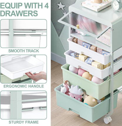 SYKIARIOL Utility-Rolling-Storage-Drawer-Craft-Cart-Organizers with 4 Drawers & Dust-proof Door for Kid Craft Art Room,Bedroom,Home Office, 4 Tiers Drawer cart, Green