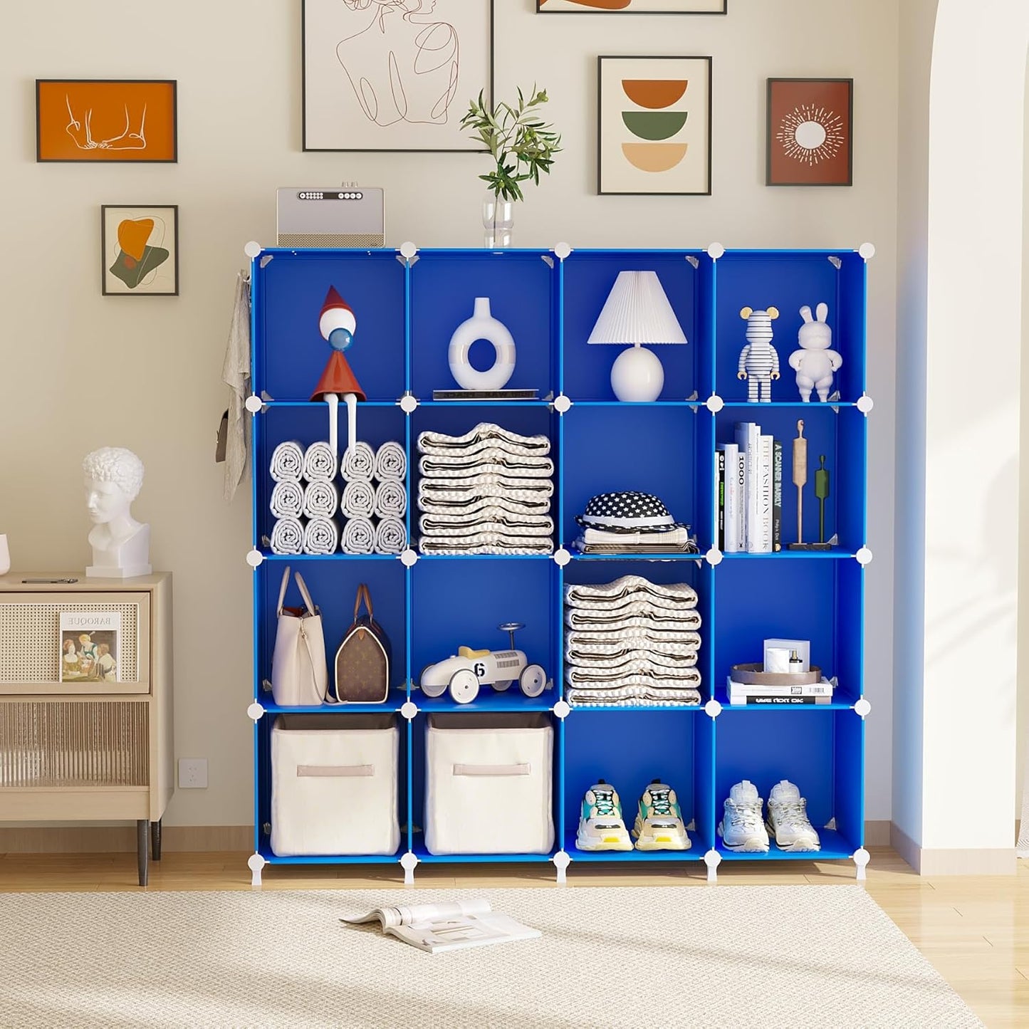 AWTATOS Cube Storage Organizer, 16 Cube Closet Organizer, Stackable Storage Cube Shelves, DIY Portable Closet Clothes Organizer Shelving for Bedroom, Closet, Wardrobe, Bathroom, White