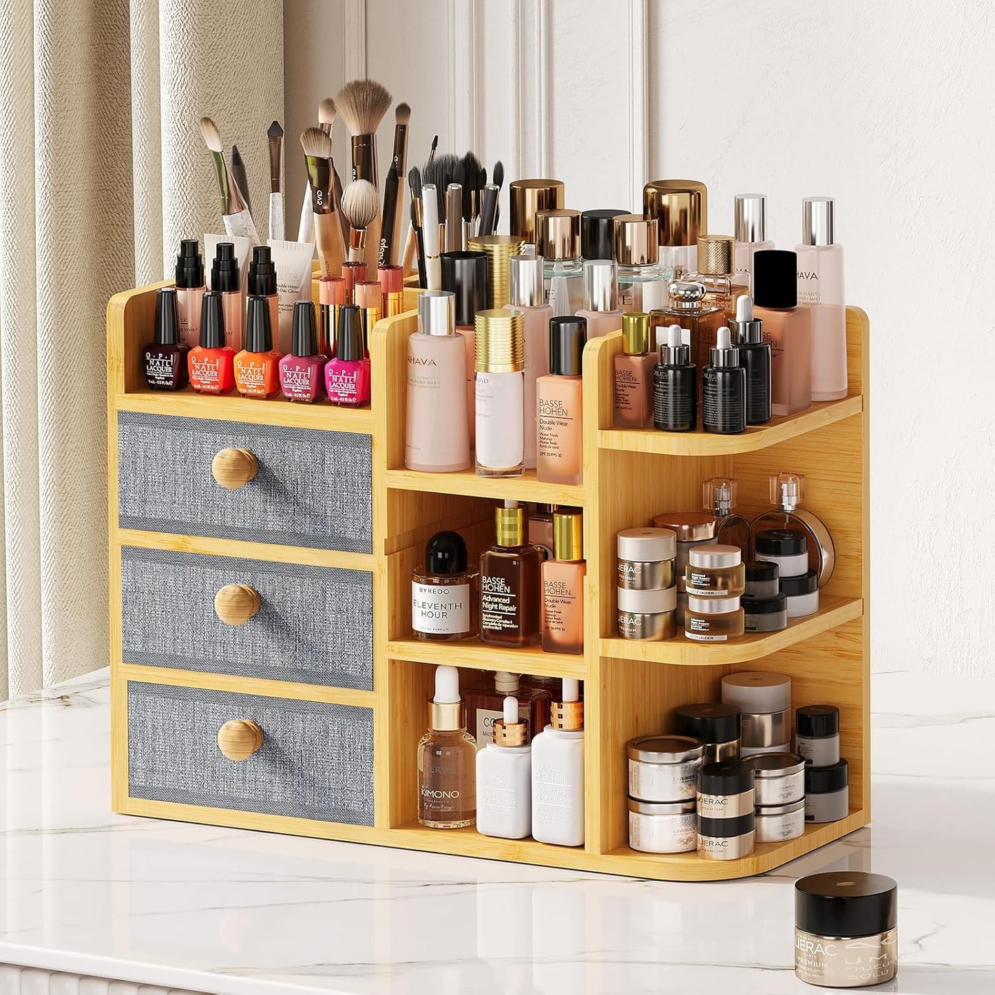 Large Makeup Organizer For Vanity, Large Capacity 3 Tiers Bamboo Bathroom Counter Organizers and Storage, Countertop Makeup Brush Holder, Nail Polish Perfume Stand with 3 Drawers and 10 Compartments