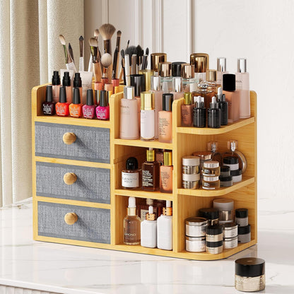 Large Makeup Organizer For Vanity, Large Capacity 3 Tiers Bamboo Bathroom Counter Organizers and Storage, Countertop Makeup Brush Holder, Nail Polish Perfume Stand with 3 Drawers and 10 Compartments