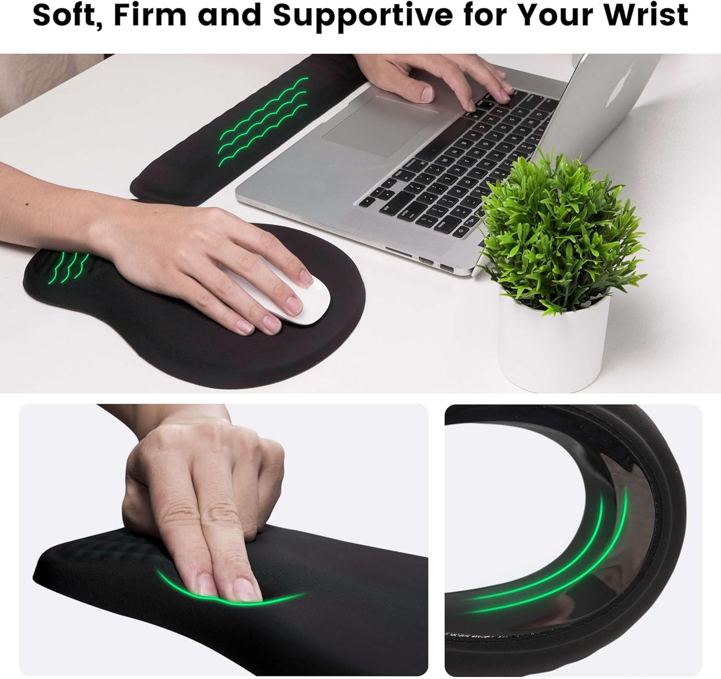 MEKASS Ergonomic Mouse Pad and Keyboard Wrist Rest Set, Super Soft Memory Foam Desk Wrist Support for Computer Keyboard, Non-Slip Arm Palm Rests Cushion for Typing Gaming Office Laptop Mac (Black)