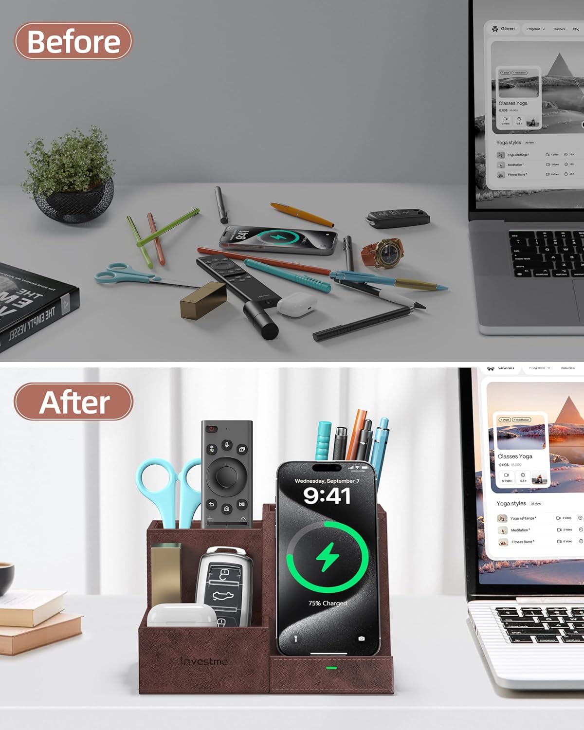Wireless Charger with Desk Organizer, Pen Pencil Holder, Multifunctional Desktop Organizer, Office Supplies and Desk Accessories Organizer with 3 Compartments and 1 Phone Stand