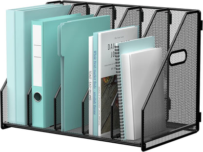 Gawerk Desktop File Magazine Folder Holder 5 Vertical Compartments, Desk Organizer Vertical Magazine Folder Organize with Side Handles, for Office Home School, Black