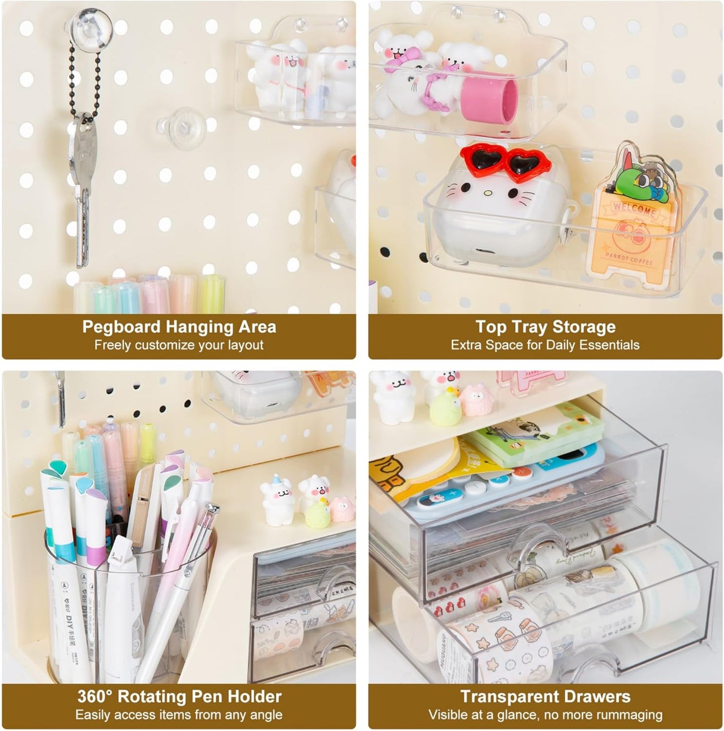 Comix 360° Rotating Pen Holder for Desk, Cute Pencil Holder Pen Organizer, Beige Acrylic Pencil Cup Caddy with 5 Slots for Home School Office Supplies