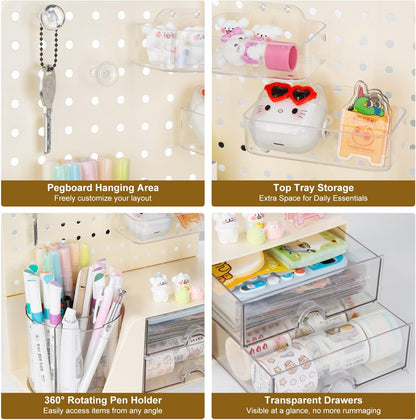 Comix 360° Rotating Pen Holder for Desk, Cute Pencil Holder Pen Organizer, Beige Acrylic Pencil Cup Caddy with 5 Slots for Home School Office Supplies