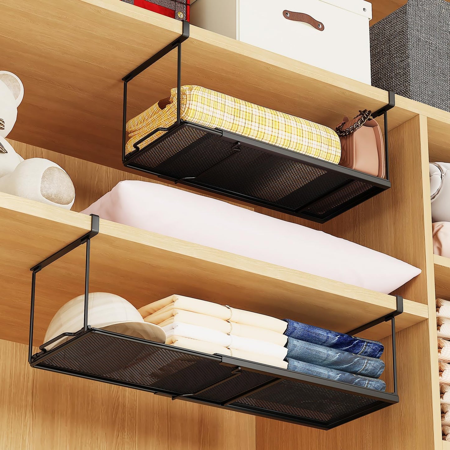 1 Pack Expandable Under Cabinet Shelf, Under Shelf Basket with 0.94 Inches Thick Clips for Kitchen Cupboard, Metal Hanging Under Desk Basket for Laundry Room, Cabinet, Shoe Rack