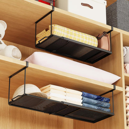 1 Pack Expandable Under Cabinet Shelf, Under Shelf Basket with 0.94 Inches Thick Clips for Kitchen Cupboard, Metal Hanging Under Desk Basket for Laundry Room, Cabinet, Shoe Rack