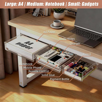 TooCust 3 Pack Under Desk Drawer Slide Out Storage Organizer, Clear White 3 Sizes (S/M/L), Dual-Mount Hidden Table Tray for Tablets, Planners & Office Supplies