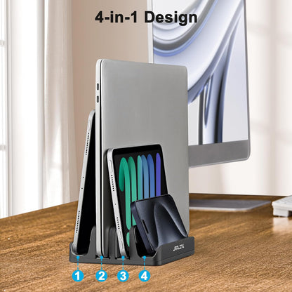 JARLINK 4-in-1 Adjustable Vertical Laptop Stand Holder, Aluminum Dual Slots Laptop Rack for Desk, Space-Saving Organizer Compatible with All MacBook, Surface, Chromebook, and Gaming Laptops (Silver)