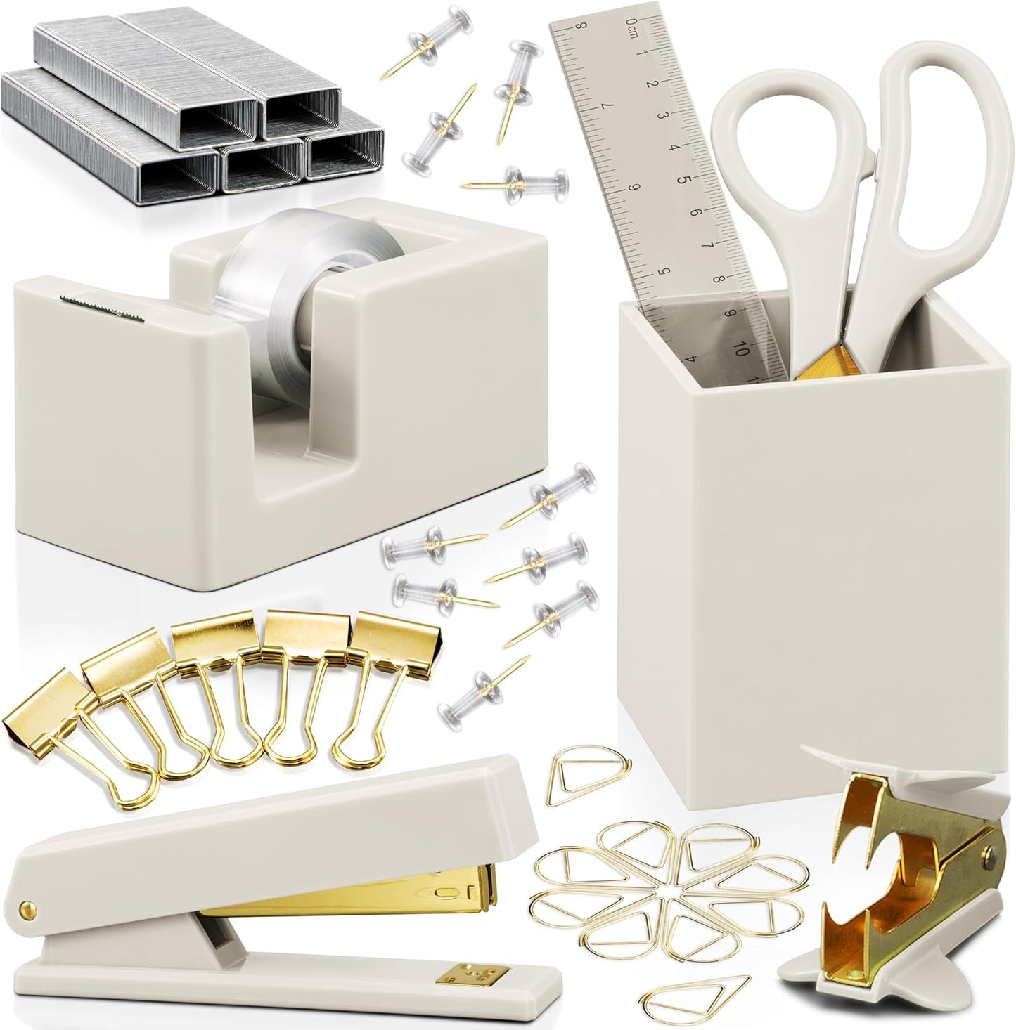 Aesthetic Desk Accessories Set - A Complete Desktop Organizer Set For Women Enhances Any Office Decor - An Office Supplies Kit w Gold Finish incl. Pen Holder, Scissors, Stapler, Tape Dispenser & More