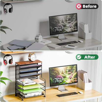 Simple Trending 7 Tier Desk File Organizer, Letter Tray Paper Organizer with Pen Holder and Metal Hanging Basket, Black