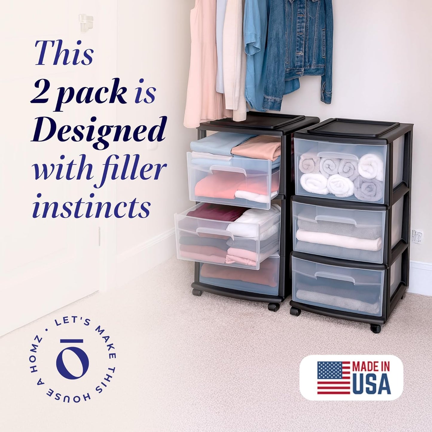 HOMZ Drawer Tower, 3-Tier Rolling Storage Cart with Removable Wheels, White Frame – Plastic Organizer with Clear Bin Drawers for Bedroom, Bathroom, Home Office, and Dorm Room