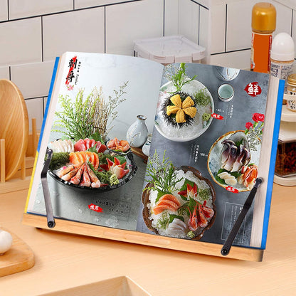 wishacc Bamboo Book Stand, Adjustable Book Holder Tray and Page Paper Clips-Cookbook Reading Desk Portable Stable Hard-Wearing Lightweight Bookstand-Textbooks Books