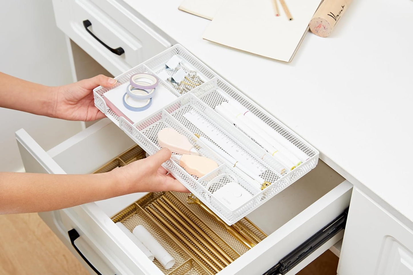 Annova Desk Drawer Organizer Tray for Office Organization - Metal Mesh - Storage Tray with Dividers for Pens, Desktop Accessories, Bathroom, Kitchen, Makeup and Office Supplies (Small, Gold)