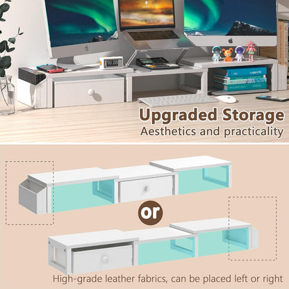 LAND·VOI Heavy Duty Dual Monitor Stand, Holds 2 Screens Up to 27 Inches, Adjustable Length and Angle Monitor Riser, Desk Organizer with Side Pockets and Drawers, Home Office Desk Storage, Rustic Brown