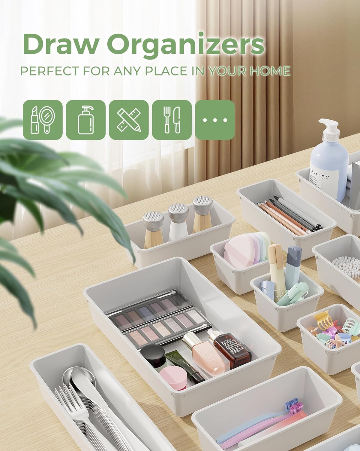 BiuLeon 25 PCS Plastic Drawer Organizers Set, 4-Sizes Vanity and Makeup Organizer, Desk and bathroom Drawer Organizer Trays, Organizers and Storage for Makeup, Jewelry, Gadgets, Utensils (Pink)