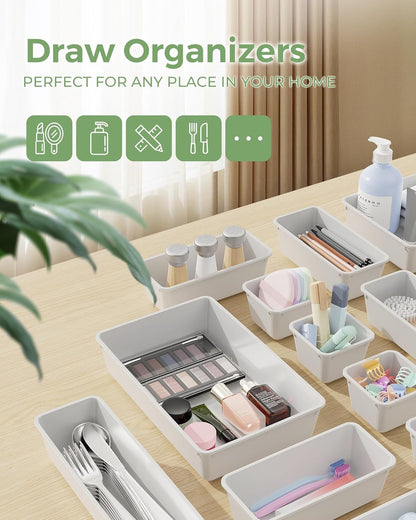 BiuLeon 25 PCS Plastic Drawer Organizers Set, 4-Sizes Vanity and Makeup Organizer, Desk and bathroom Drawer Organizer Trays, Organizers and Storage for Makeup, Jewelry, Gadgets, Utensils (Pink)