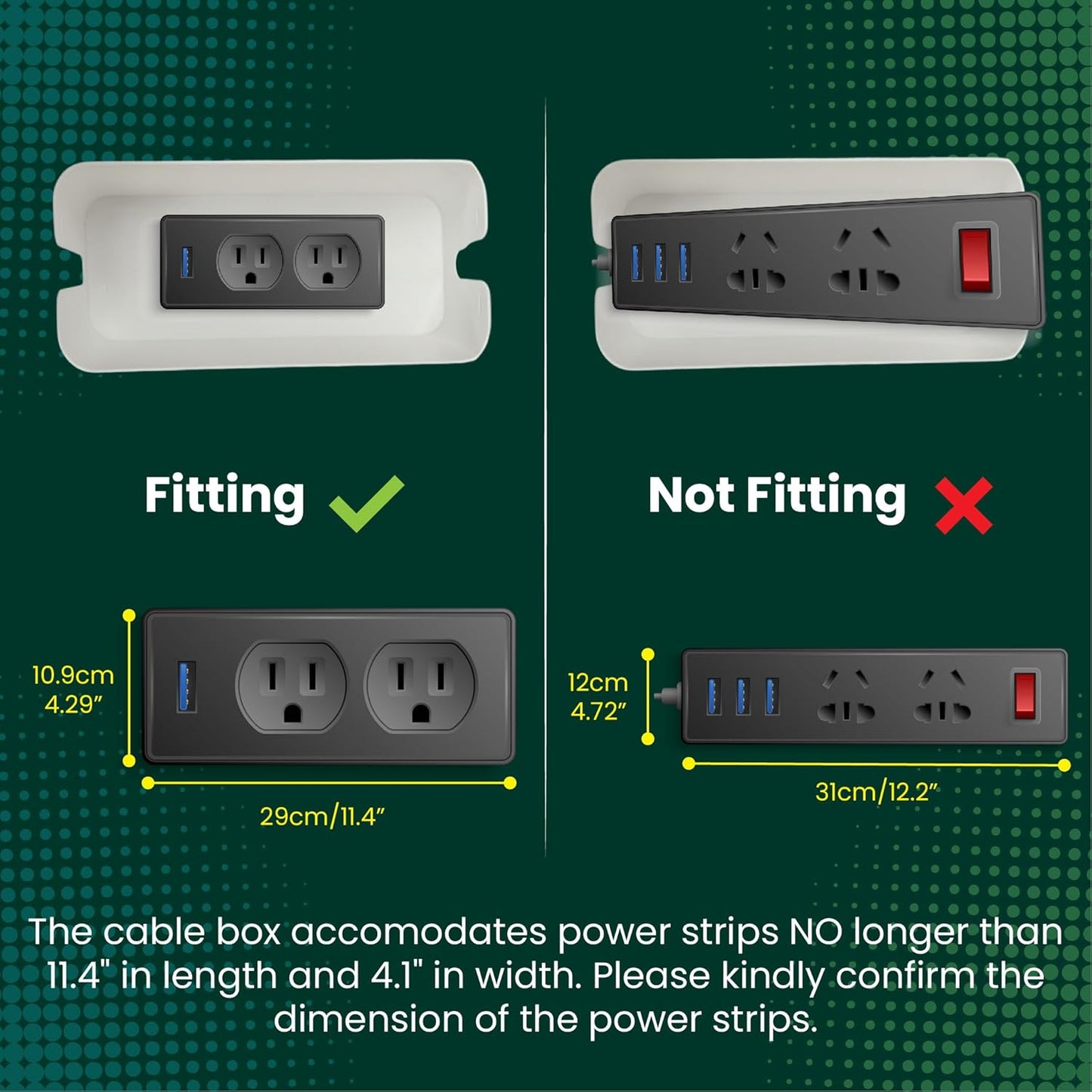 Cable Management Box, 7 Holes, 12x5x4.5 inches, Wooden Lid Cable Organizer Box for Desk to Hide Power Strips, Tv Wires, ABS Material Cord Cover (2 Holes)