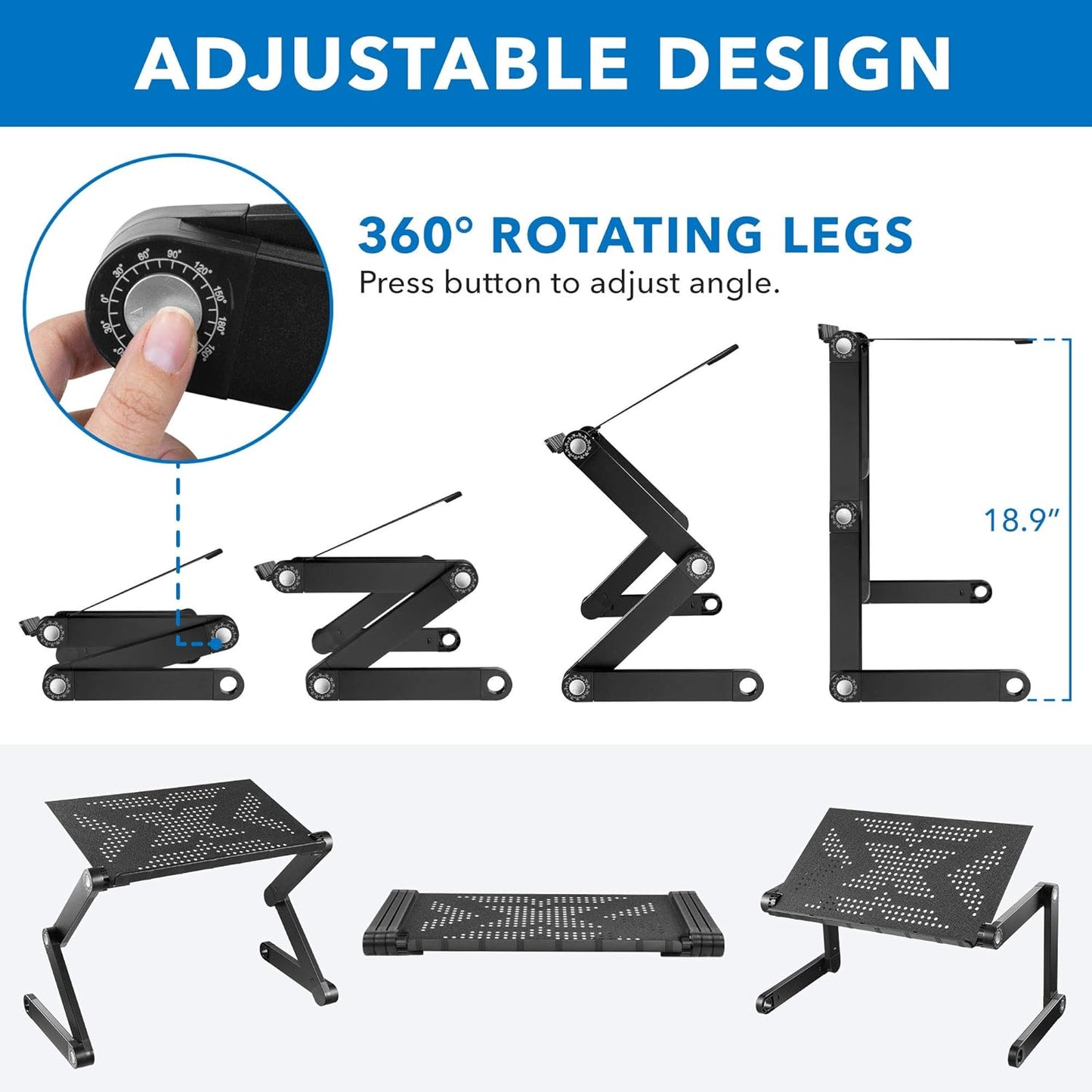 Mount-It! Adjustable Laptop Stand & Lap Desk, Freestanding Sit-Stand Laptop Tray for Bed, Couch, Desk & Floor, 22 lb Capacity, 1.6–18.9” Height, Ventilated Aluminum, Ships Fully Assembled
