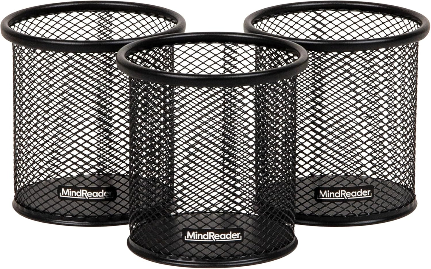 Mind Reader Pen and Accessories Holder, Desktop Organizer, Office, Metal Mesh, 3.5"L x 3.5"W x 3.75"H, Set of 3, Black
