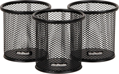 Mind Reader Pen and Accessories Holder, Desktop Organizer, Office, Metal Mesh, 3.5"L x 3.5"W x 3.75"H, Set of 3, Black