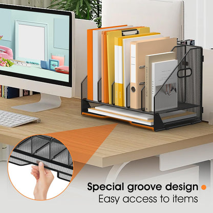 Desk File Folder Holder Organizer-5 Vertical Compartments Racks and Paper Letter Tray,Mesh Magazine File Holder Sorter,Desktop Accessories & Workspace Organizers for Home,Office,School-Black