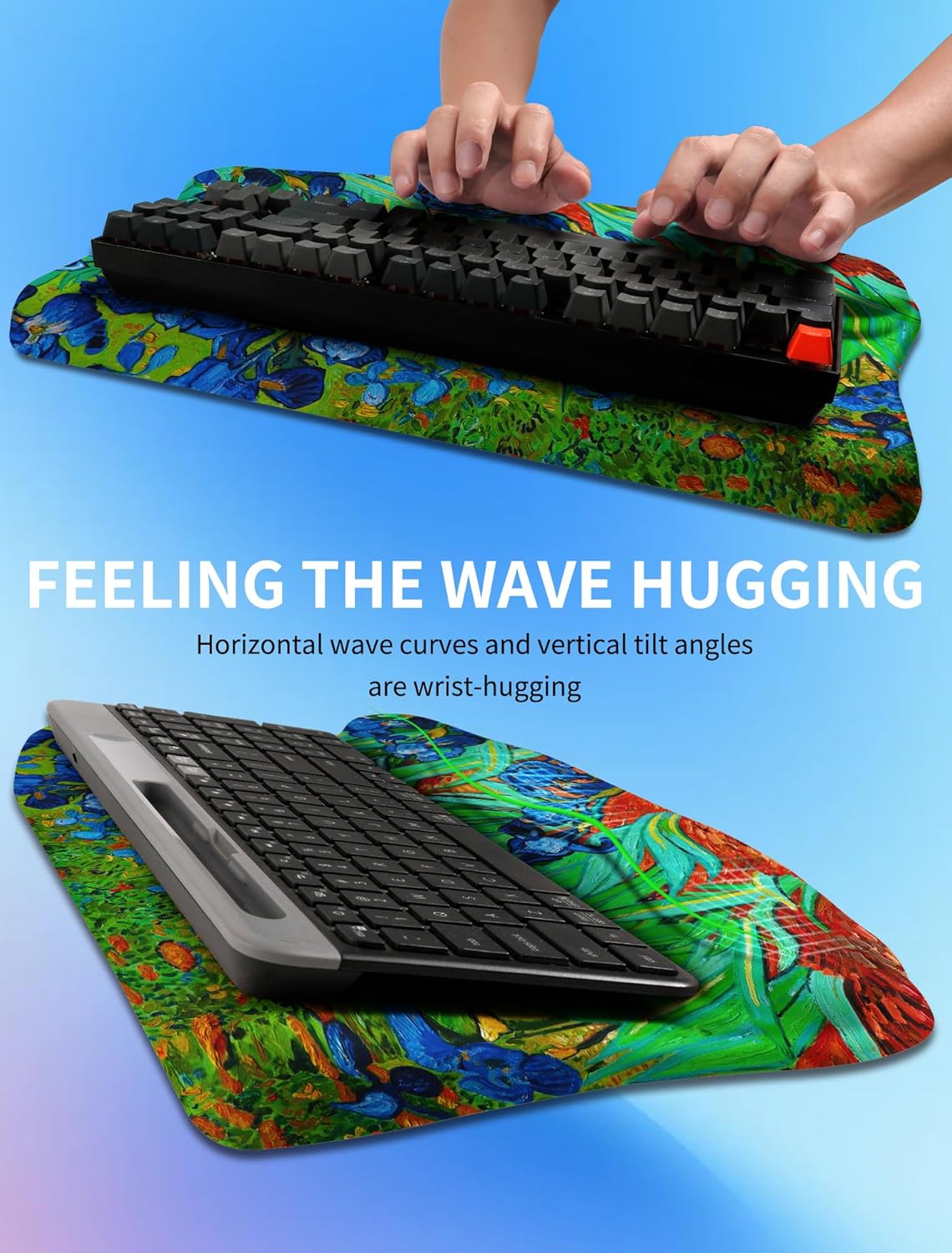 Ergonomic Wave Wrist Rest with Keyboard Stand, Cushioned Palm Rest, Comfortable Integrated Memory Foam for Natural Typing and Relieve Wrist Pain, Dark Night Black