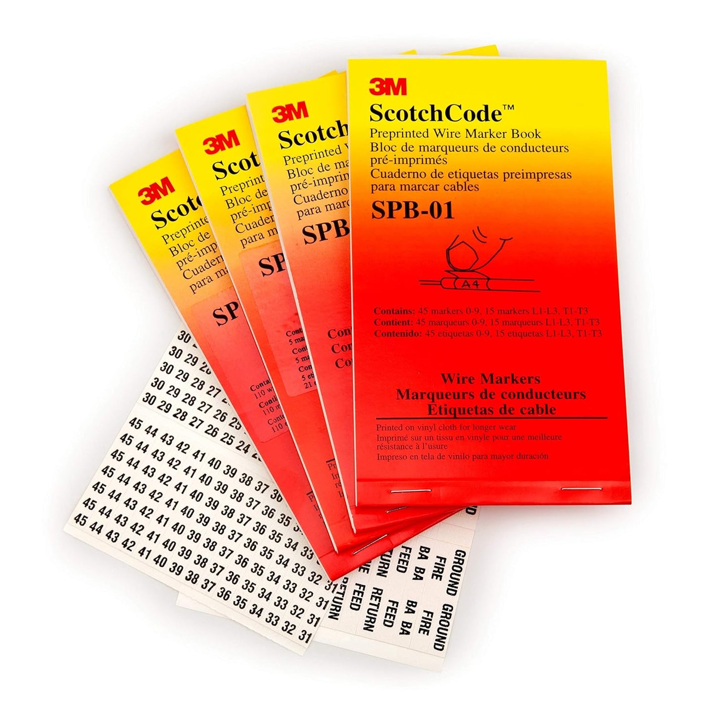 3M ScotchCode Pre-Printed Wire Marker Book SPB-03, Vinyl Coated, Black Printed Numbers (10) each 1–45, White Background Highlights Characters, 1 Book