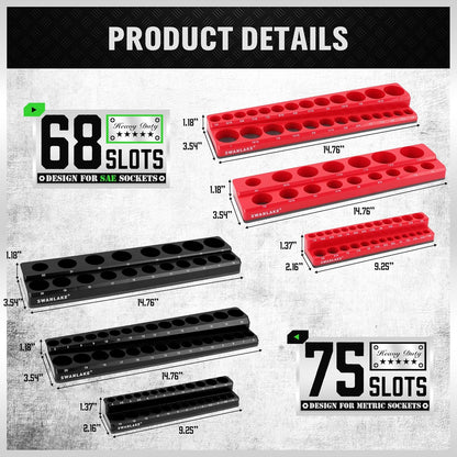 Magnetic Socket Organizer Set, 6PCS Socket Holder, 1/4", 3/8", 1/2" Sockets Holds 143 Pieces Magnetic Sockets Trays (Blue&red, 6 Pcs)