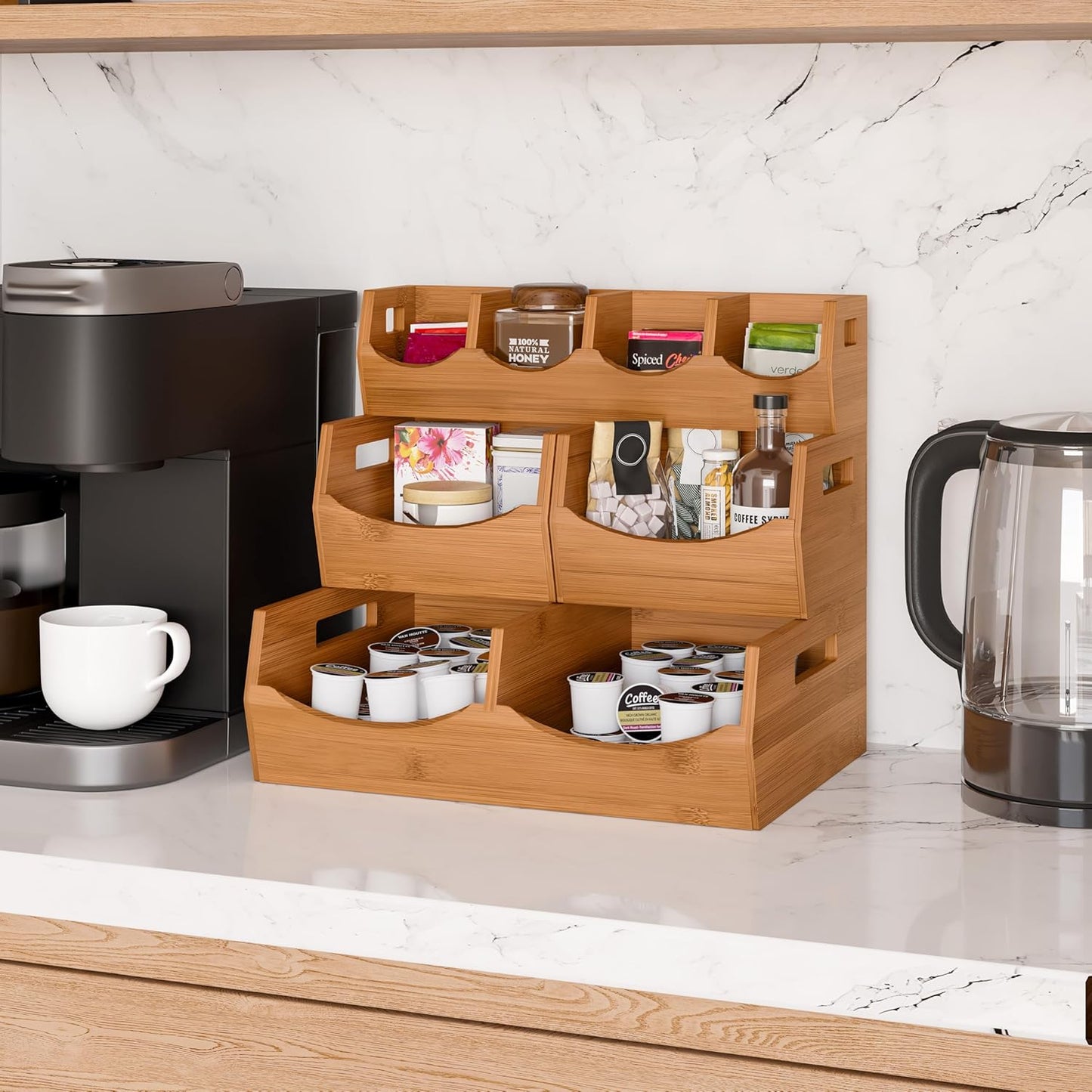 Seville Classics Bamboo Premium Organizer Storage Bins for Kitchen Silverware, Pantry, Closet, Office Desk, Pens, Utensils, Makeup, K Cup, Bamboo, Bag Holder Bin Set (4 Piece)