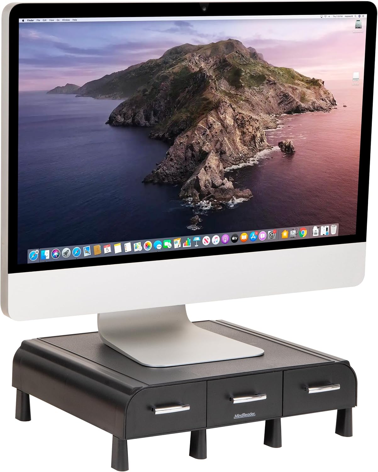 Mind Reader Monitor Stand, Laptop Riser, Desktop Organizer, Storage Drawer, Office, Plastic, 13.5"L x 13"W x 4"H, Black