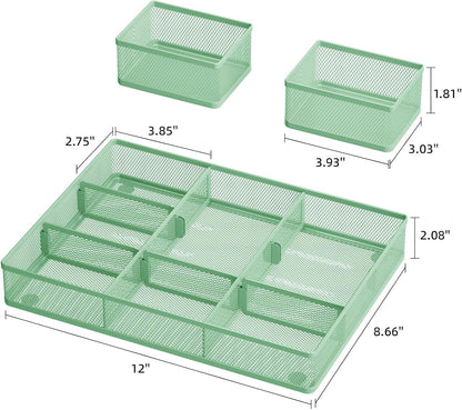 Marbrasse 3 Packs Desk Drawer Organizers, Metal Mesh Dividers Desk Drawer Organizer Tray with 9 Adjustable Compartments, Pen Organizer for Drawer Tray Box Accessories for Desktop,Kitchen, Makeup