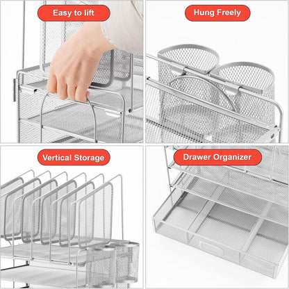 Marbrasse Desk Organizer with Drawer, 4-Tier Mesh File Organizer with 5 Vertical File Holders and 2 Pen Holders, Multifunction Desktop Organizer,Desk Organizers and Accessories for Home Office