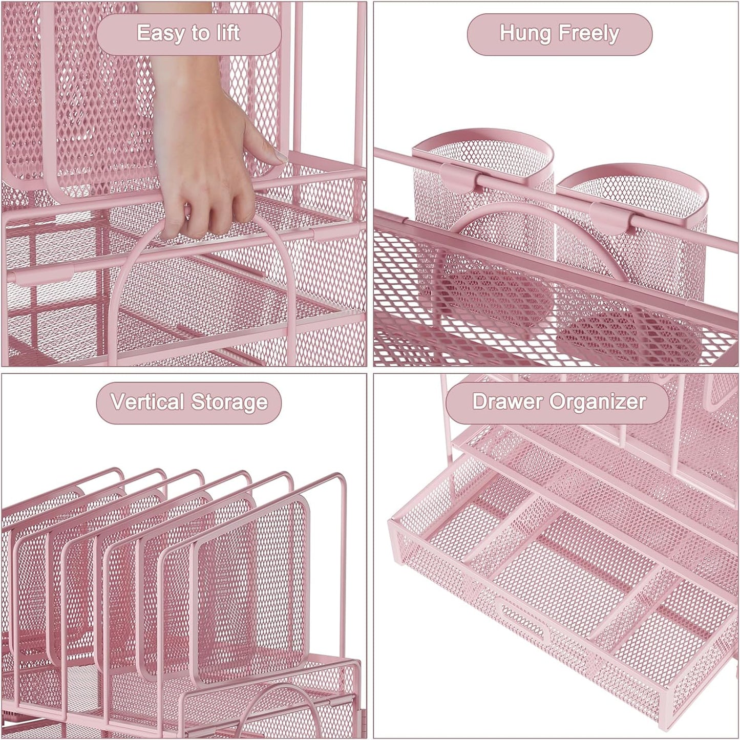 Marbrasse Desk Organizer with Drawer, 4-Tier Mesh File Organizer with 5 Vertical File Holders and 2 Pen Holders, Multifunction Desktop Organizer,Desk Organizers and Accessories for Home Office