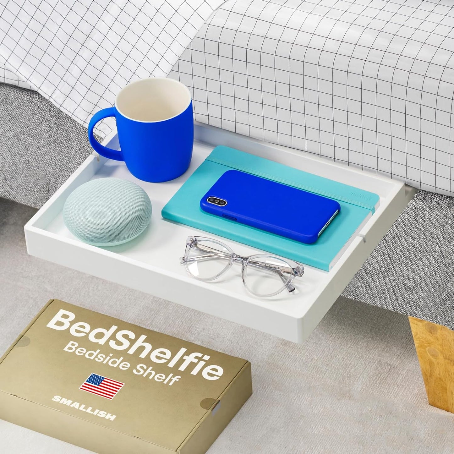 BedShelfie Bedside Shelf for Dorm Room Bunk Bed & Top Bunk, College Dorm Room Essentials, Bedside Caddy, Clip on Floating Desk Tray, Bed Side Table Storage, Loft Nightstand Decor - Black Wood Slide