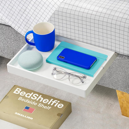 BedShelfie Bedside Shelf for Dorm Room Bunk Bed & Top Bunk, College Dorm Room Essentials, Bedside Caddy, Clip on Floating Desk Tray, Bed Side Table Storage, Loft Nightstand Decor - Black Wood Slide