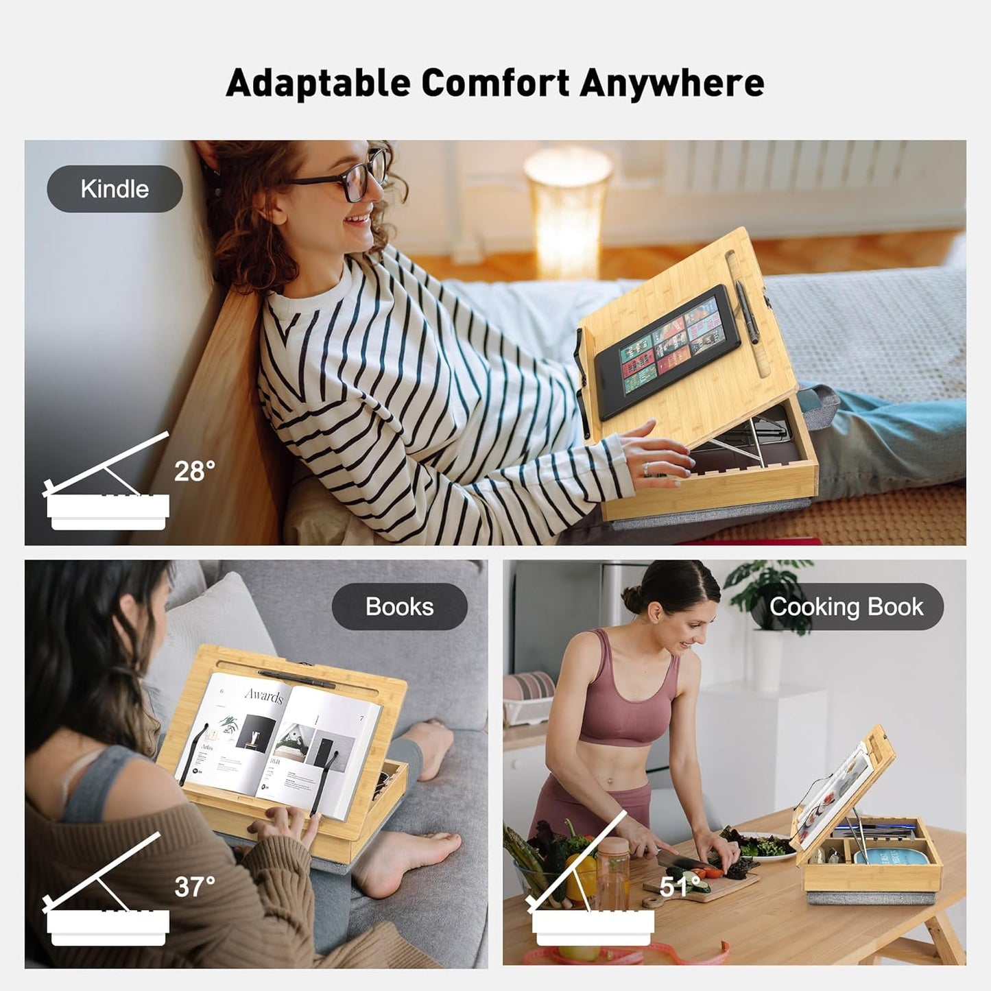AboveTEK Book Stand for Reading with Storage, Adjustable Bamboo Book Holder with Soft Lap Cushion, Cookbook Stand, Hands-Free Book Reading Stand for Bed, Desktop & Kitchen Counter