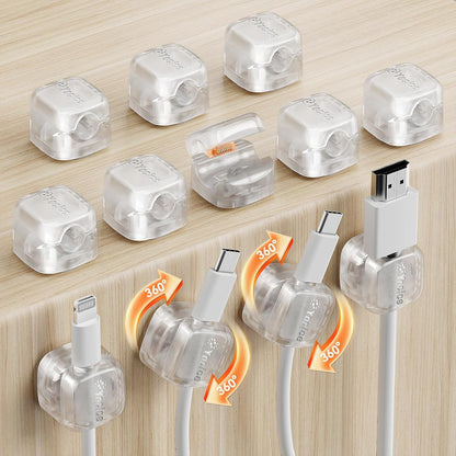 6Pack Rotatable Cord Organizer,Spring Cable Clips Desk Cable Management Cord Holder Adhesive Phone Charger Cord Clips for Home Office Car Wall Nightstand Accessories, Clear