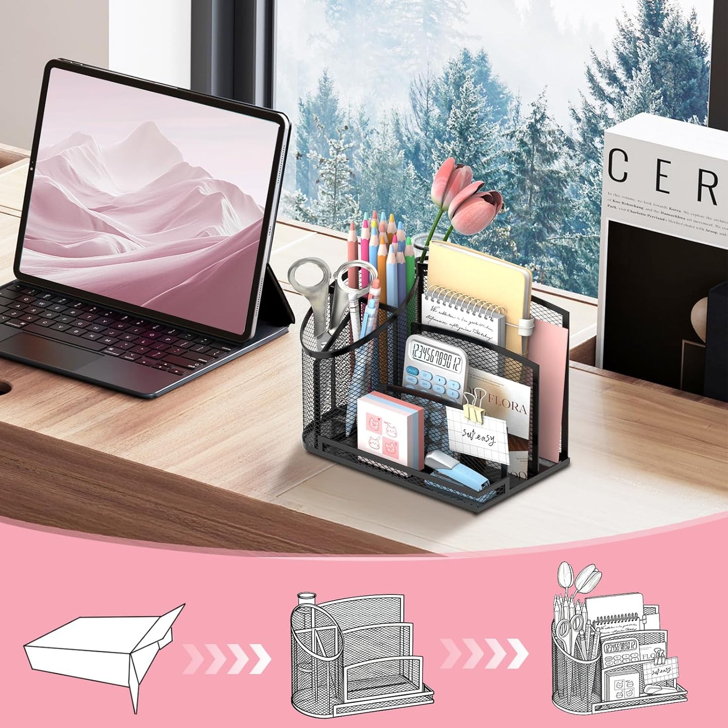 SUPEASY Mail Organizer for Desk, Mesh Metal Mail Holder Countertop with 3-Slot, Letter Sorter File Holder, Office Envelope Organizer for Mails (Black)