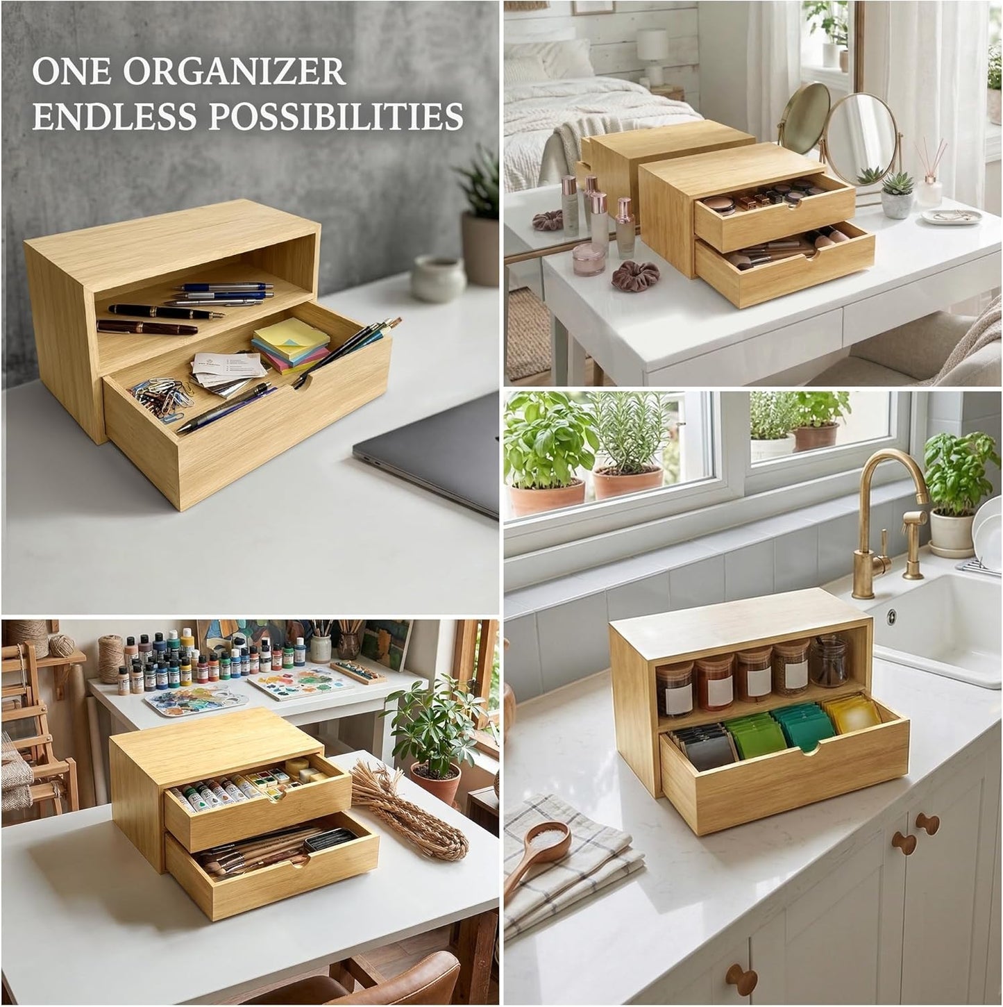 Bamboo Desk Organizer with 3 Drawers and Shelf, Desktop Drawers 13.4 x 7.3 x 8.1 Inches Countertop Storage Box for Office Supplies Makeup Kitchen, Wooden Tabletop Drawer No Assembly Required
