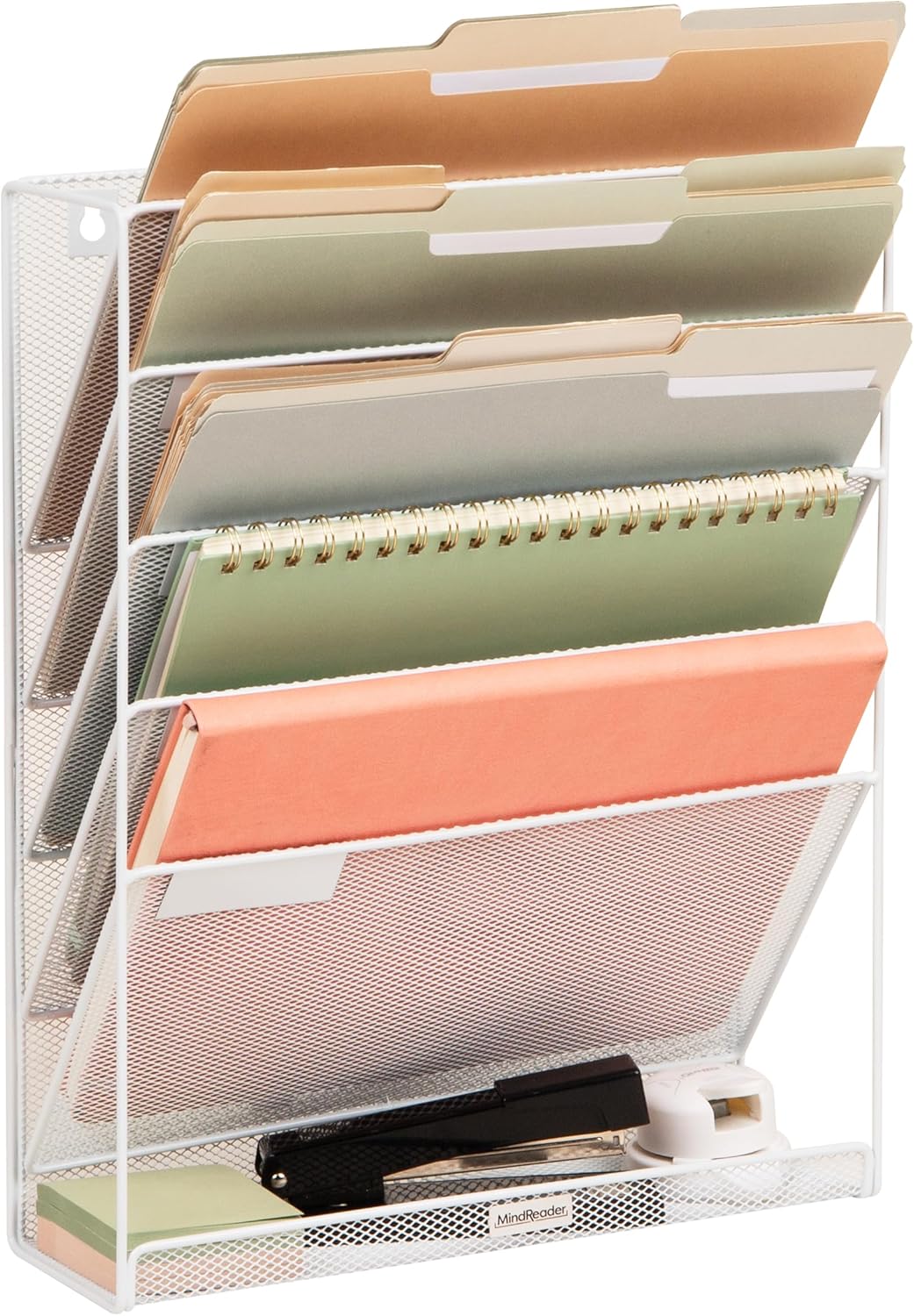 Mind Reader 5-Pocket Vertical File Storage, Desktop Organizer, Wall Mount, Office, Metal Mesh, Pink